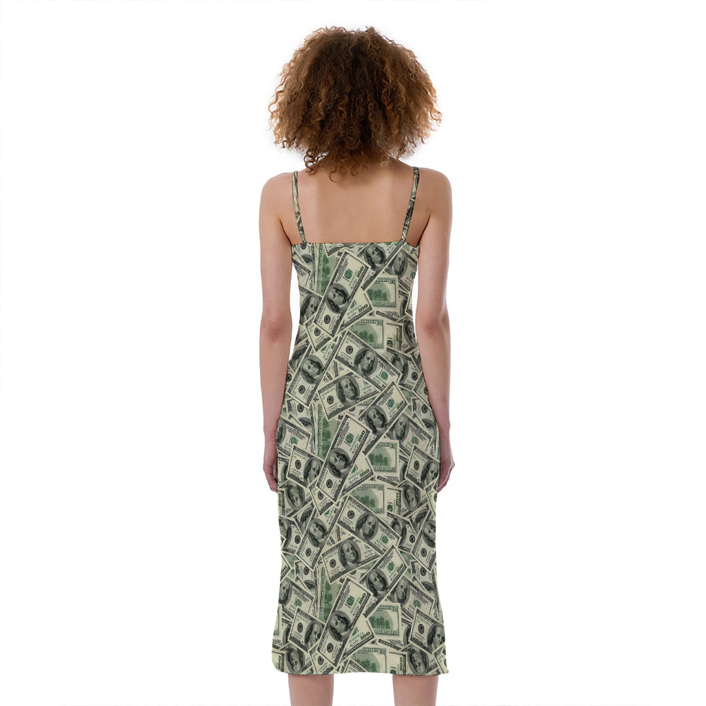 US Dollar Print Slim Fit Midi Cami Dress