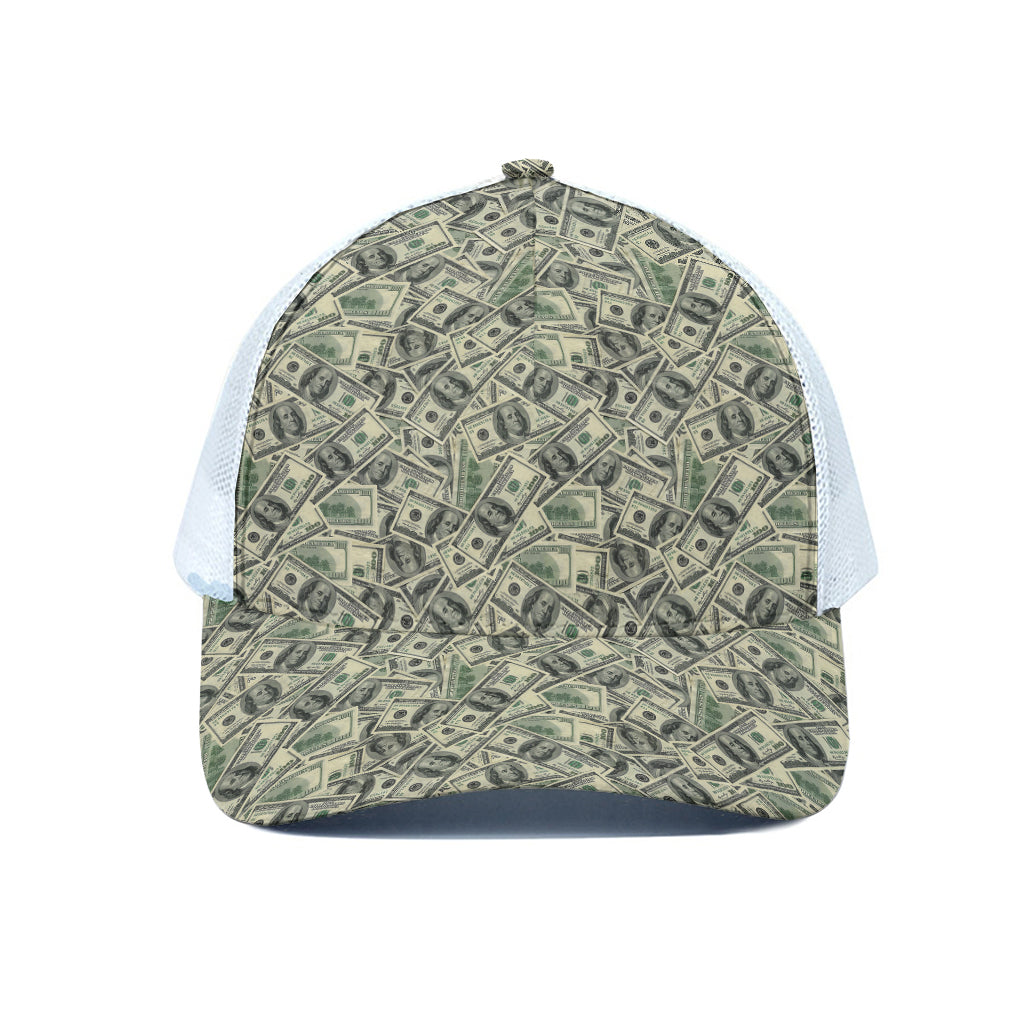 US Dollar Print White Mesh Trucker Cap