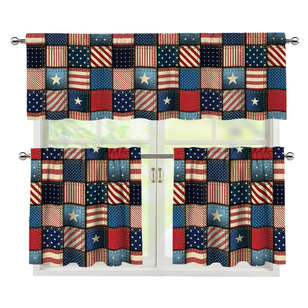 USA Denim Patchwork Pattern Print 3 Piece Kitchen Curtains