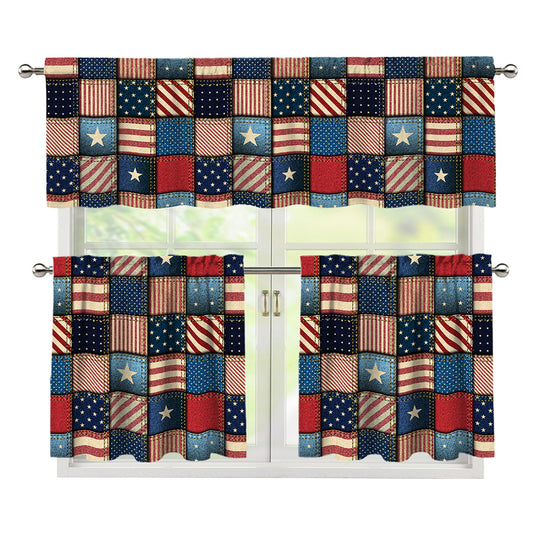 USA Denim Patchwork Pattern Print 3 Piece Kitchen Curtains
