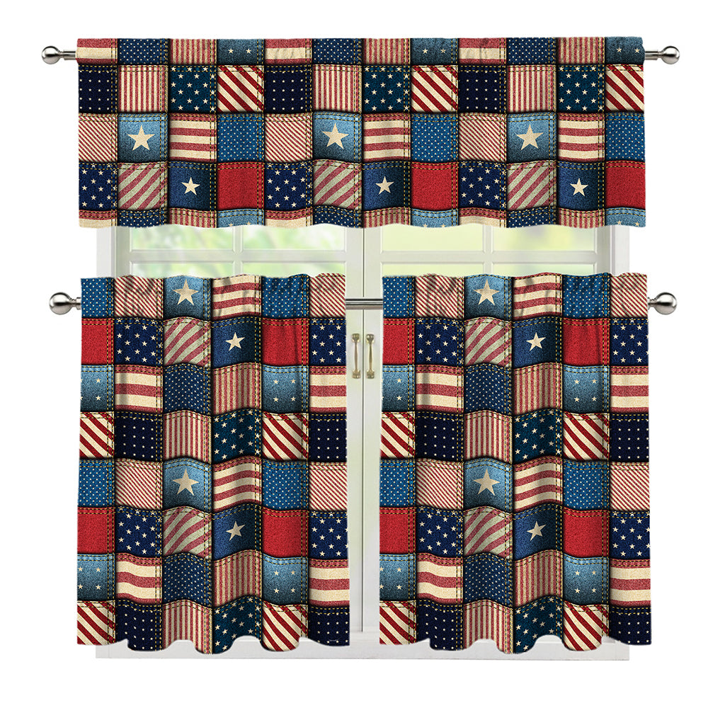USA Denim Patchwork Pattern Print 3 Piece Kitchen Curtains