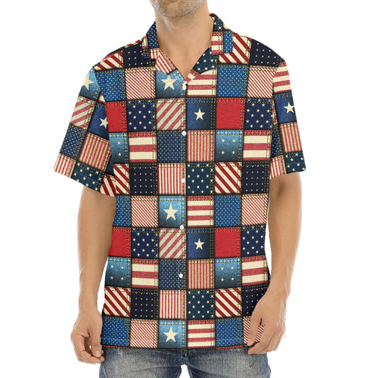 USA Denim Patchwork Pattern Print Aloha Shirt
