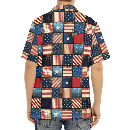 USA Denim Patchwork Pattern Print Aloha Shirt