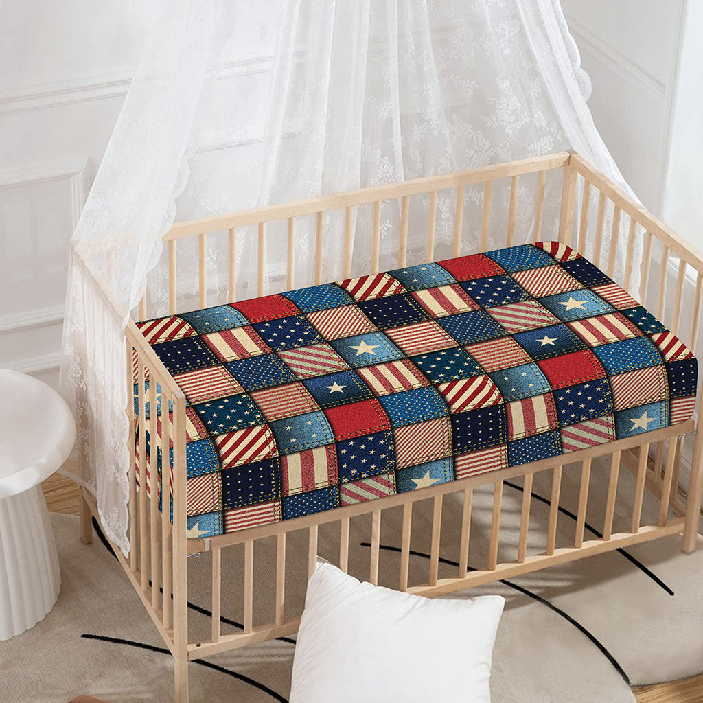 USA Denim Patchwork Pattern Print Baby Crib Sheet