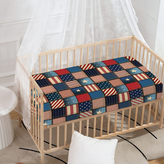 USA Denim Patchwork Pattern Print Baby Crib Sheet