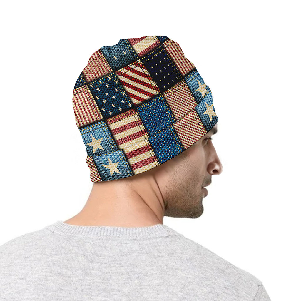 USA Denim Patchwork Pattern Print Beanie