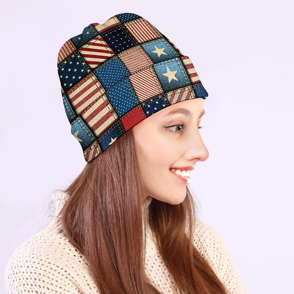 USA Denim Patchwork Pattern Print Beanie