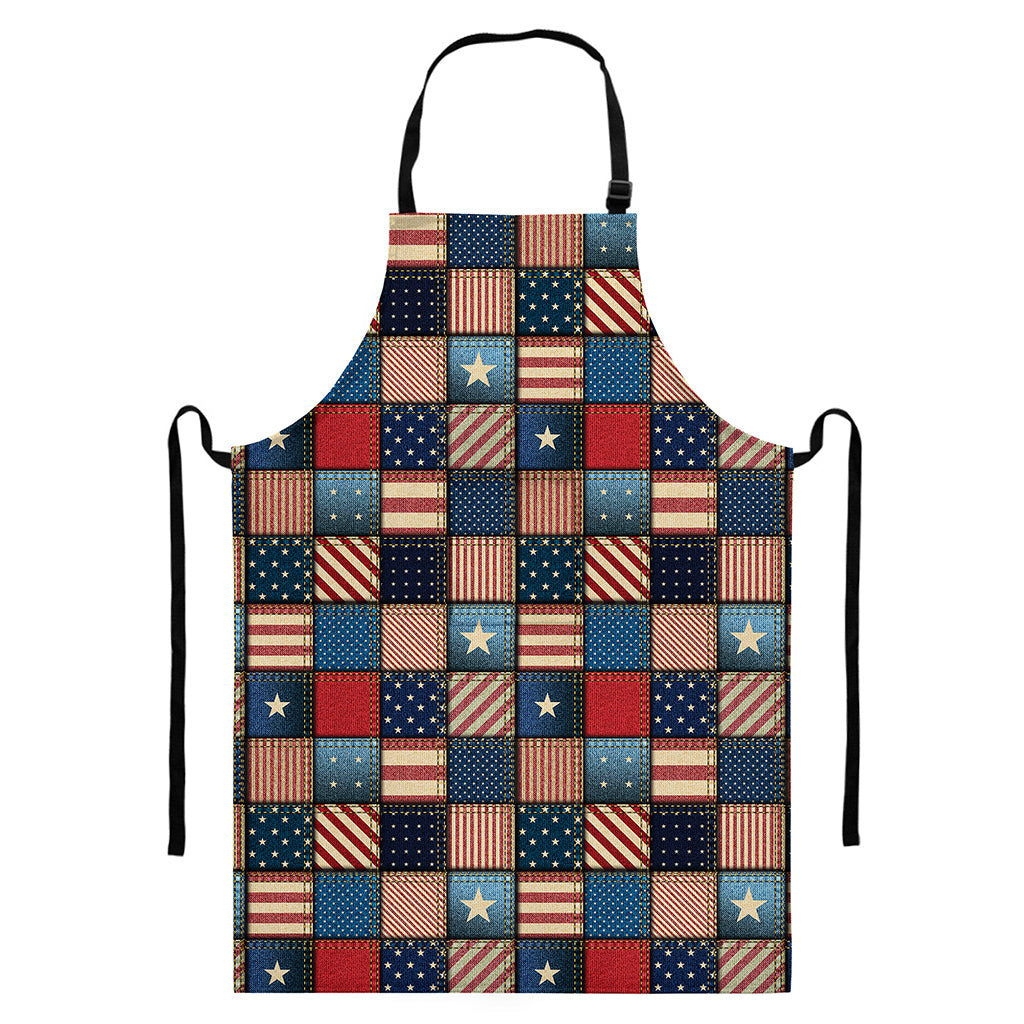 USA Denim Patchwork Pattern Print Bib Apron With Pocket