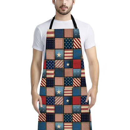 USA Denim Patchwork Pattern Print Bib Apron With Pocket