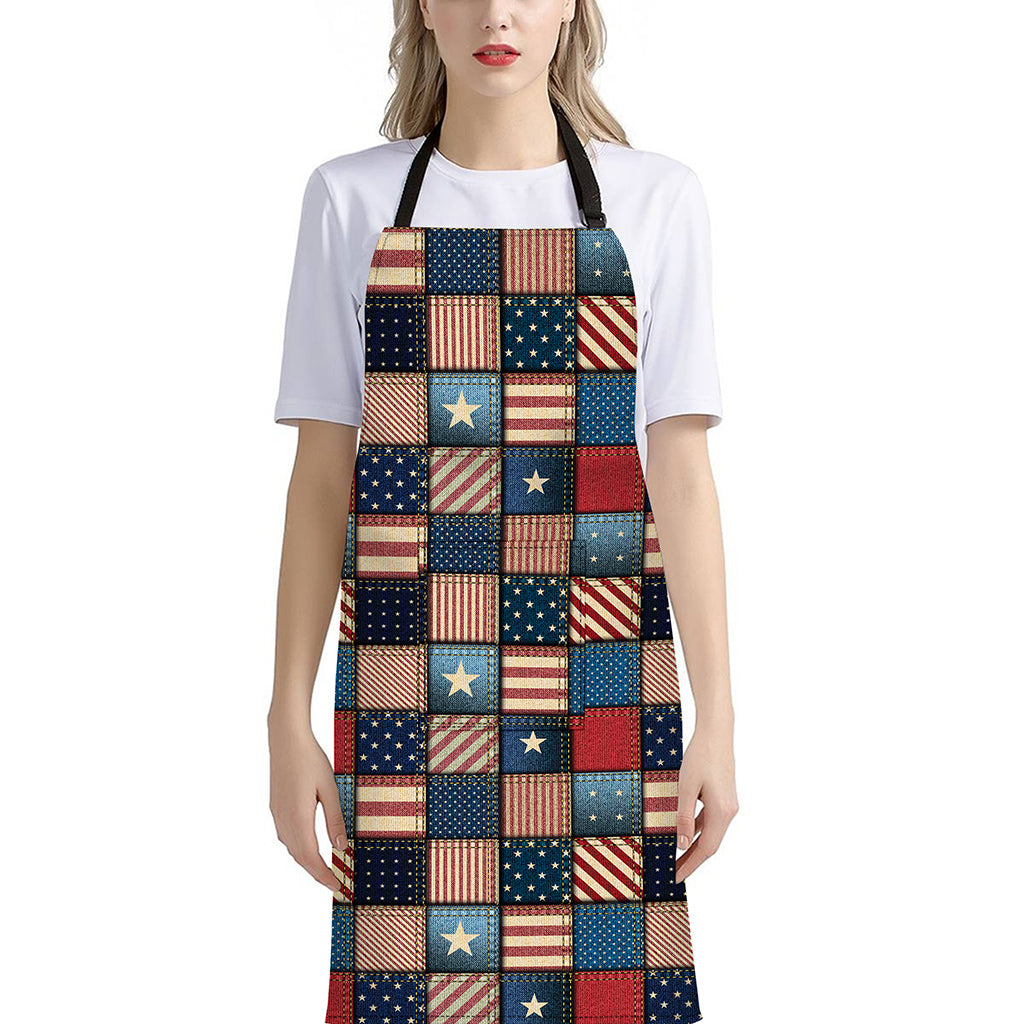 USA Denim Patchwork Pattern Print Bib Apron With Pocket
