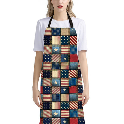 USA Denim Patchwork Pattern Print Bib Apron With Pocket