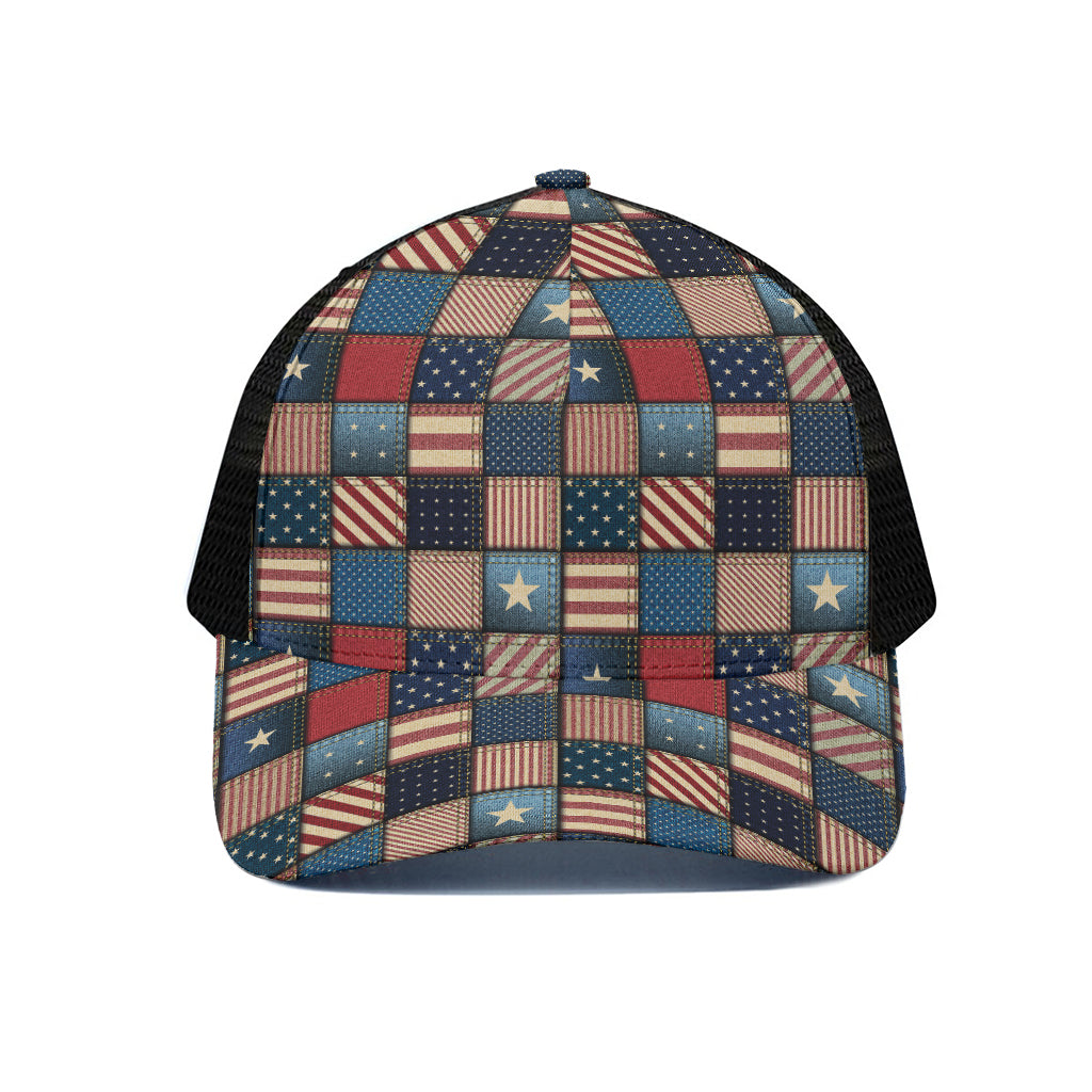 USA Denim Patchwork Pattern Print Black Mesh Trucker Cap
