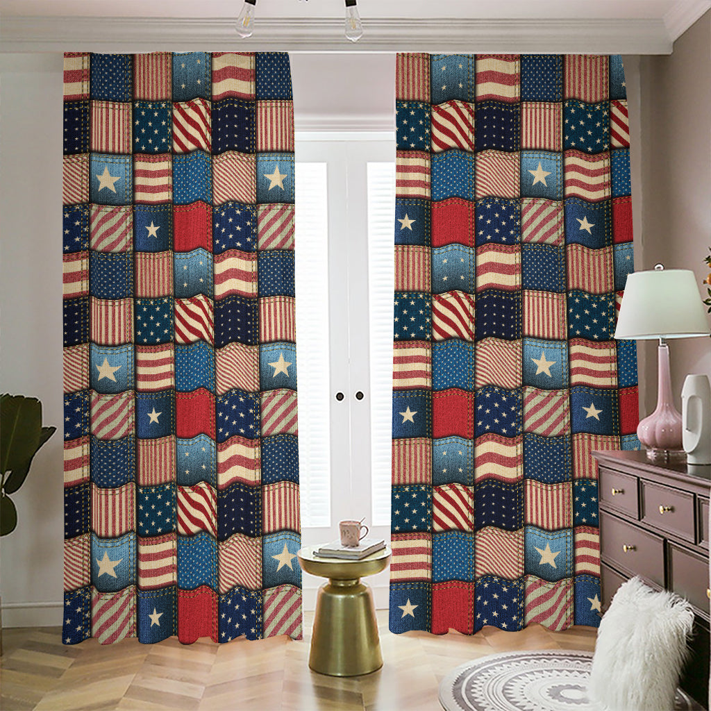 USA Denim Patchwork Pattern Print Blackout Pencil Pleat Curtains