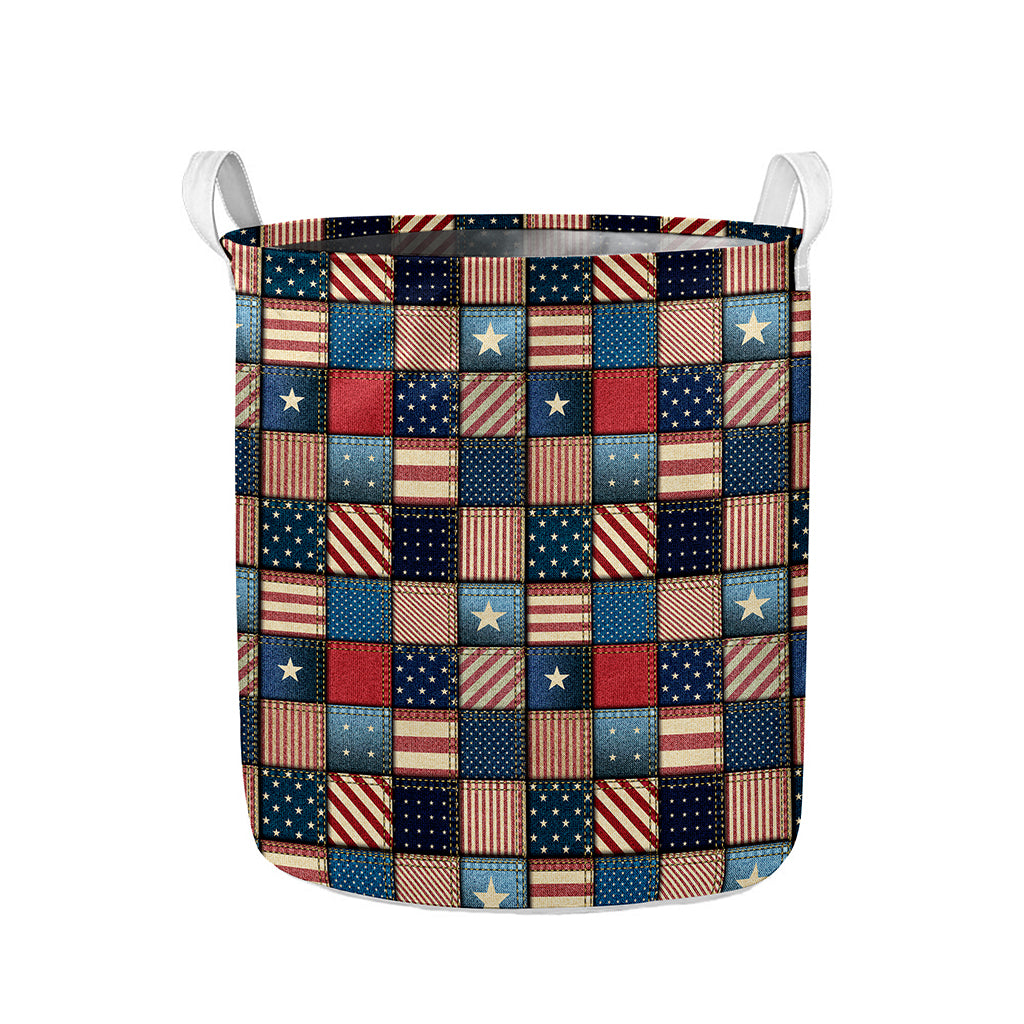 USA Denim Patchwork Pattern Print Collapsible Laundry Basket