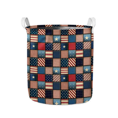 USA Denim Patchwork Pattern Print Collapsible Laundry Basket