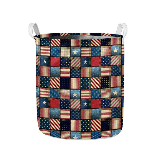 USA Denim Patchwork Pattern Print Collapsible Laundry Basket