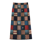USA Denim Patchwork Pattern Print Cotton Front Slit Maxi Skirt