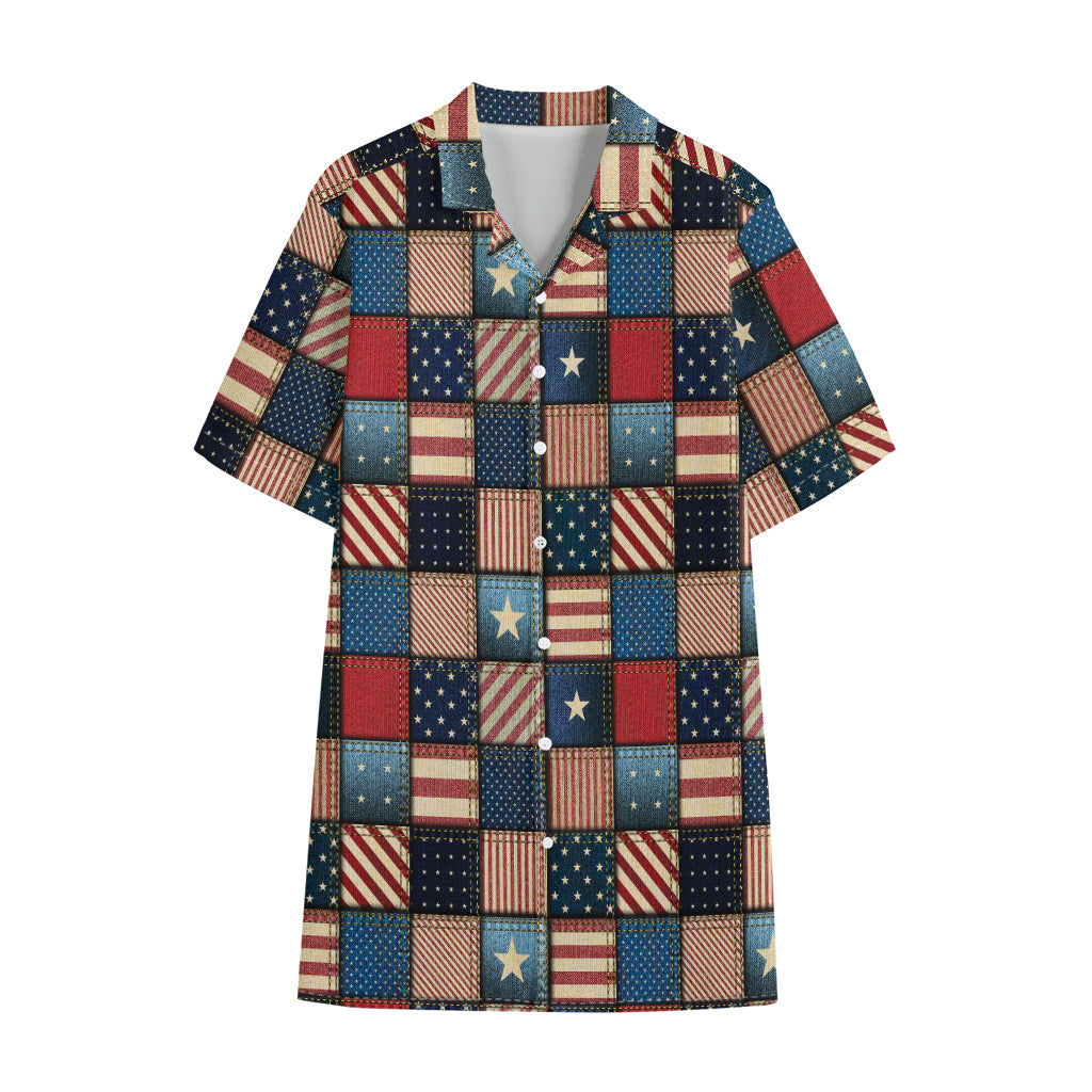 USA Denim Patchwork Pattern Print Cotton Hawaiian Shirt