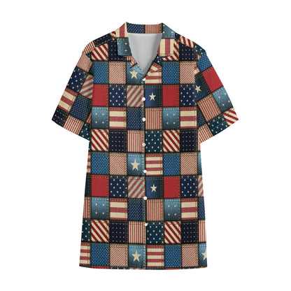 USA Denim Patchwork Pattern Print Cotton Hawaiian Shirt