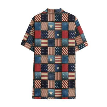 USA Denim Patchwork Pattern Print Cotton Hawaiian Shirt