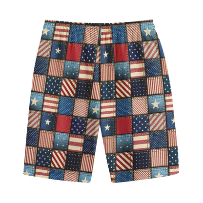 USA Denim Patchwork Pattern Print Cotton Shorts