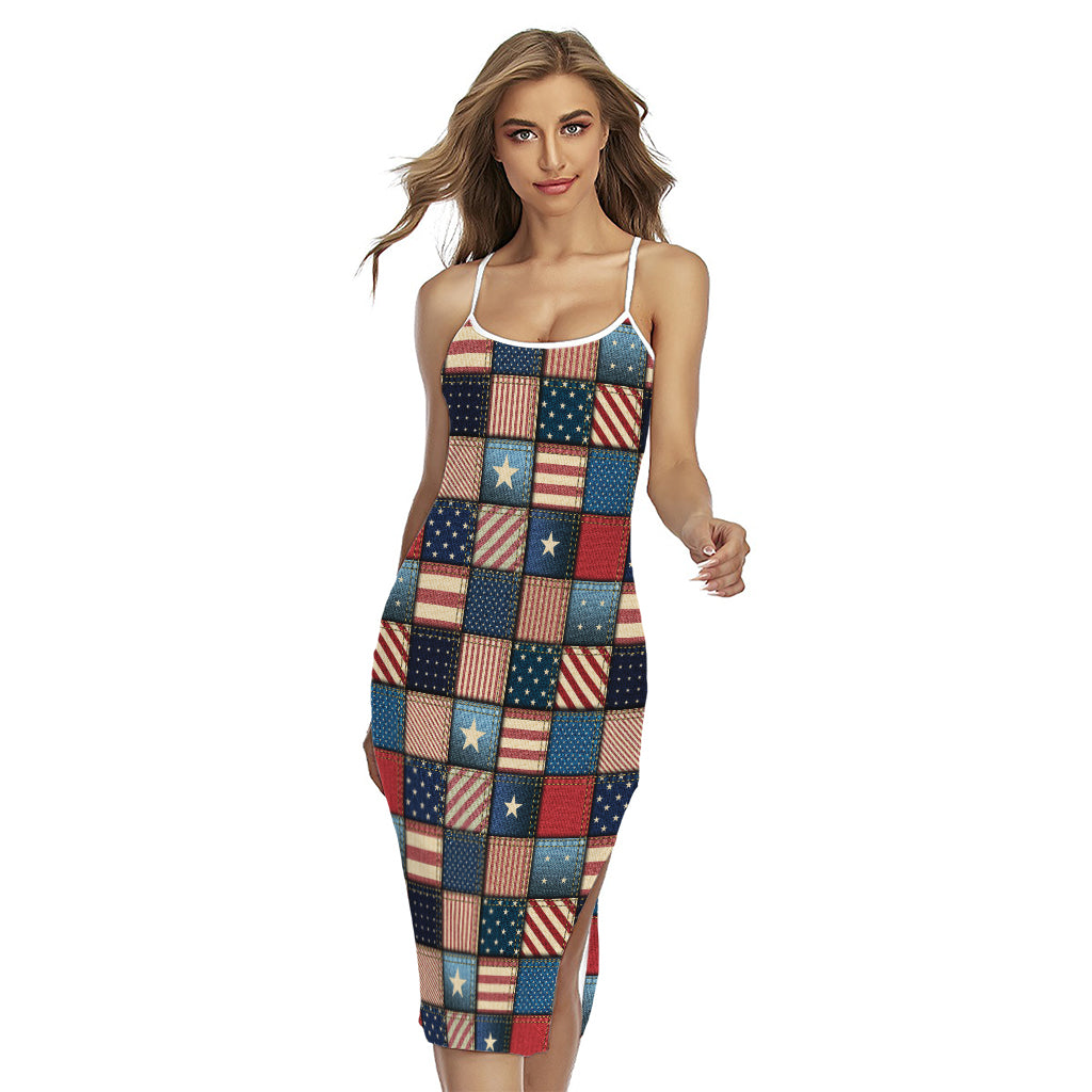 USA Denim Patchwork Pattern Print Cross Back Cami Dress
