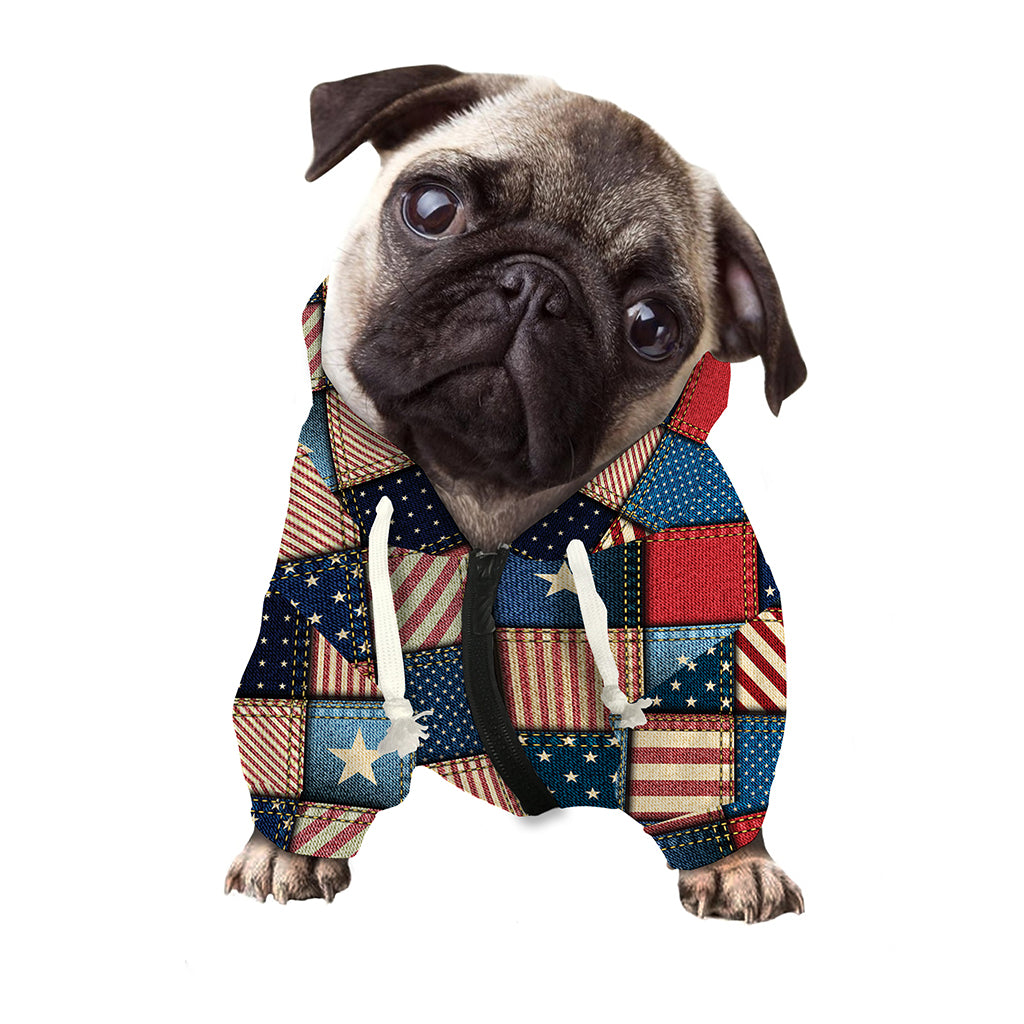USA Denim Patchwork Pattern Print Dog Zip Up Hoodie