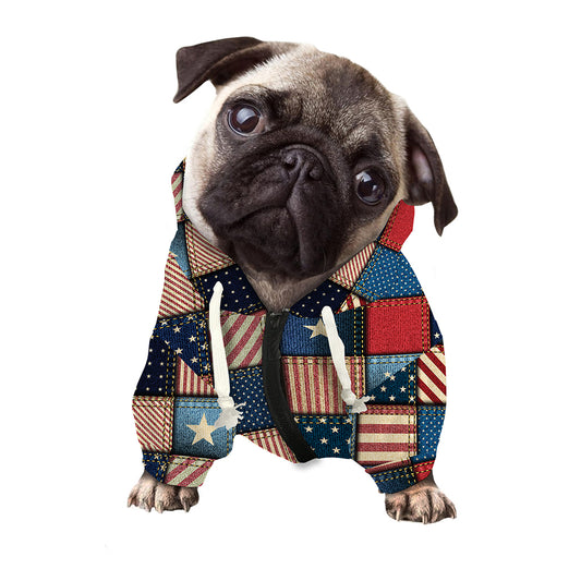 USA Denim Patchwork Pattern Print Dog Zip Up Hoodie