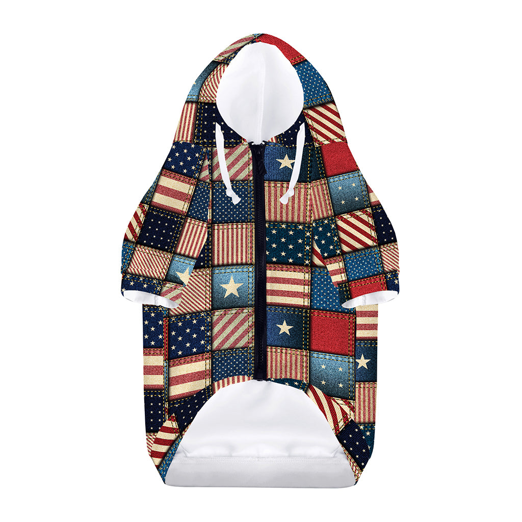 USA Denim Patchwork Pattern Print Dog Zip Up Hoodie