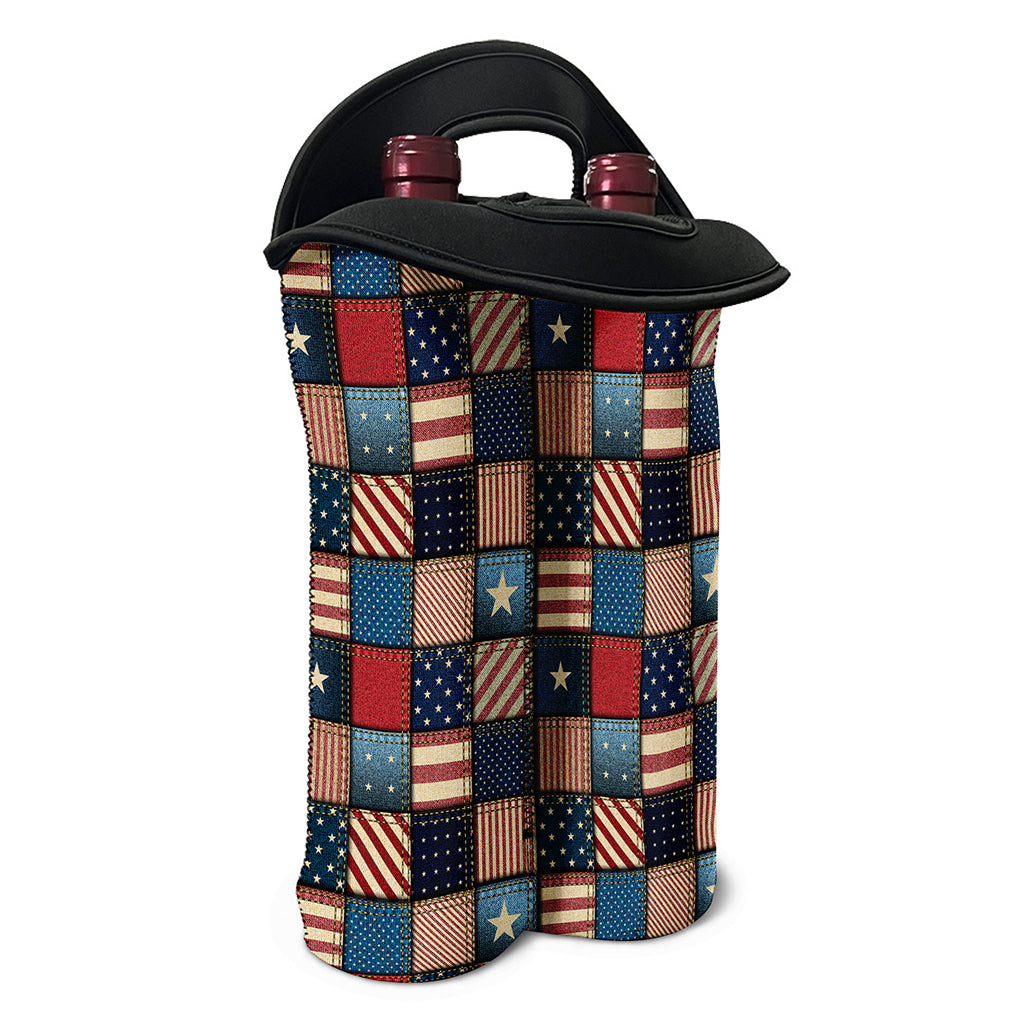 USA Denim Patchwork Pattern Print Double Neoprene Wine Tote
