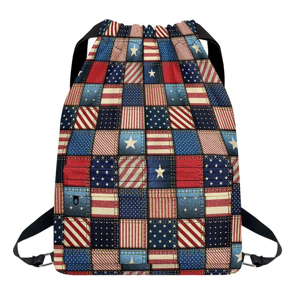 USA Denim Patchwork Pattern Print Drawstring Backpack