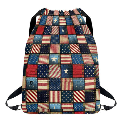 USA Denim Patchwork Pattern Print Drawstring Backpack