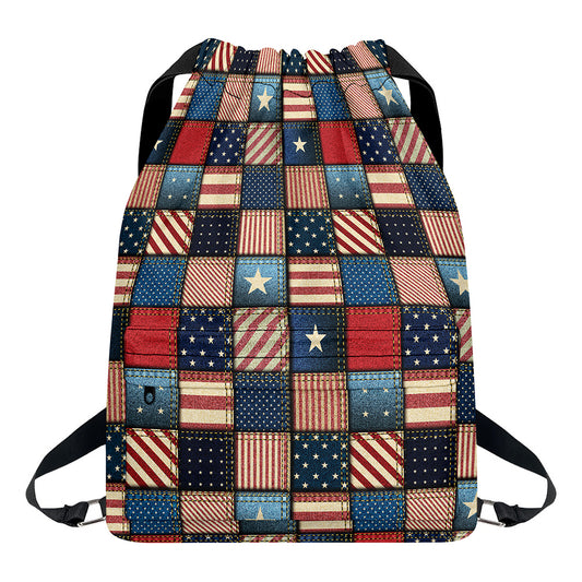 USA Denim Patchwork Pattern Print Drawstring Backpack