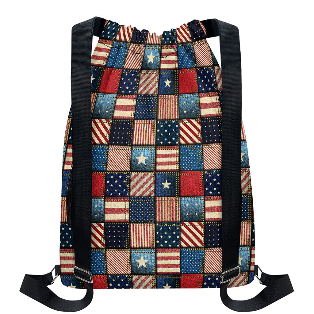 USA Denim Patchwork Pattern Print Drawstring Backpack