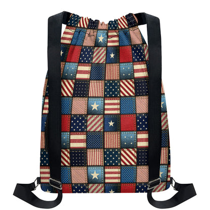 USA Denim Patchwork Pattern Print Drawstring Backpack