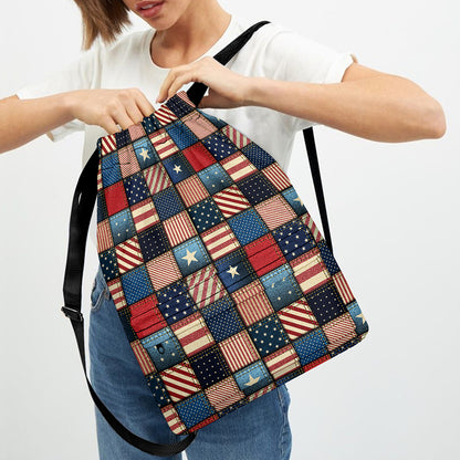 USA Denim Patchwork Pattern Print Drawstring Backpack