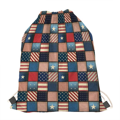 USA Denim Patchwork Pattern Print Drawstring Bag