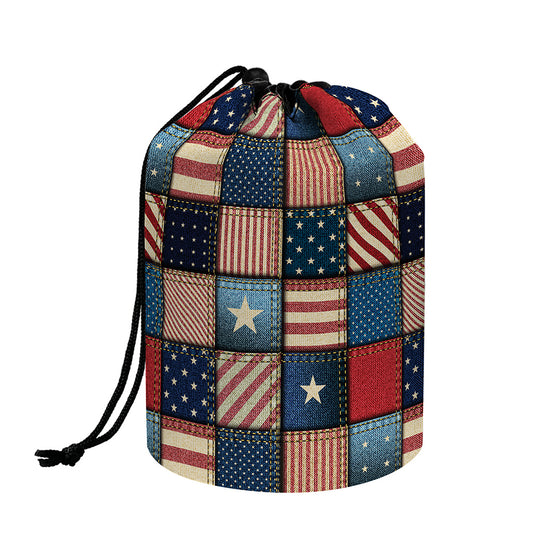 USA Denim Patchwork Pattern Print Drawstring Makeup Bag