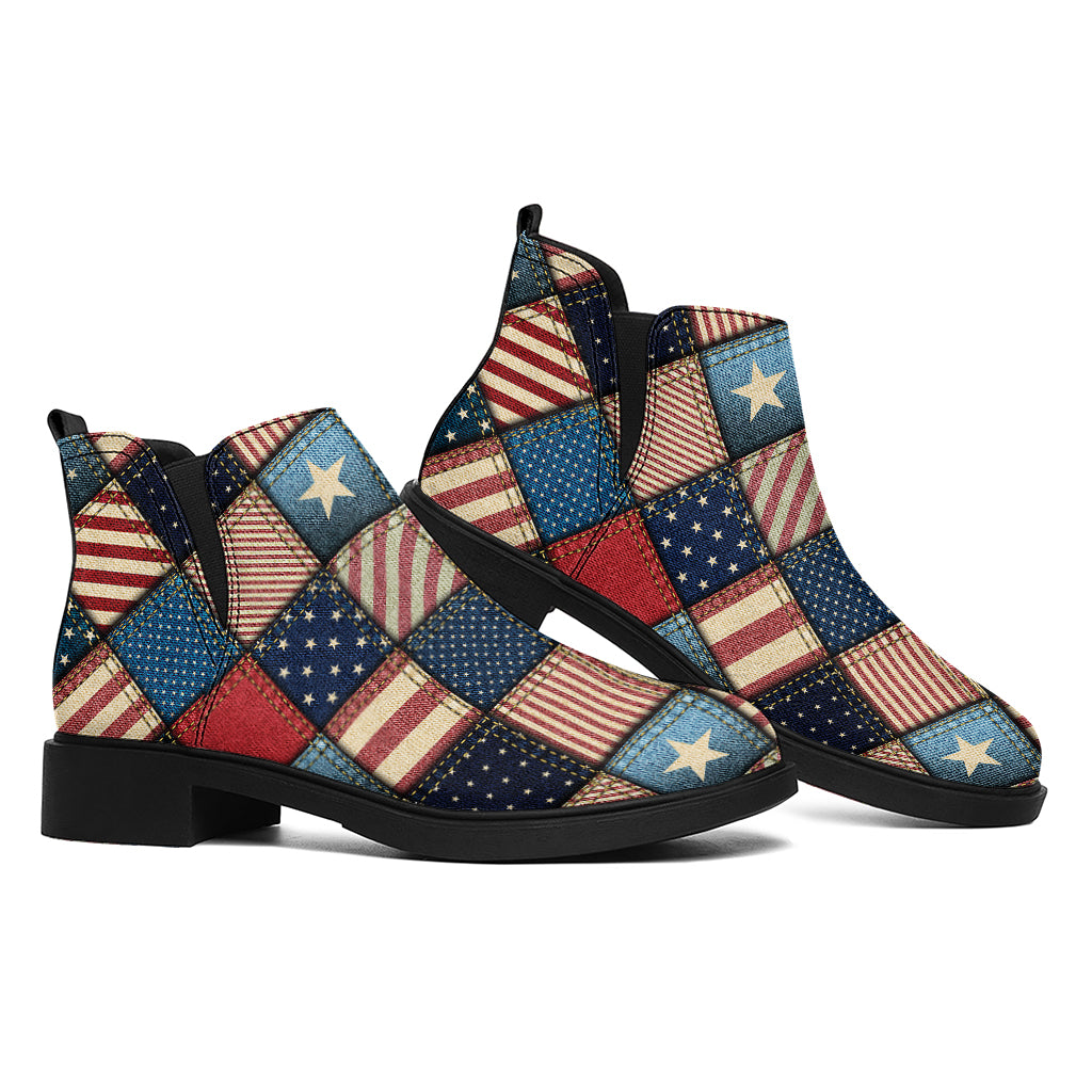 USA Denim Patchwork Pattern Print Flat Ankle Boots