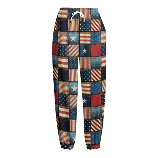 USA Denim Patchwork Pattern Print Fleece Lined Knit Pants