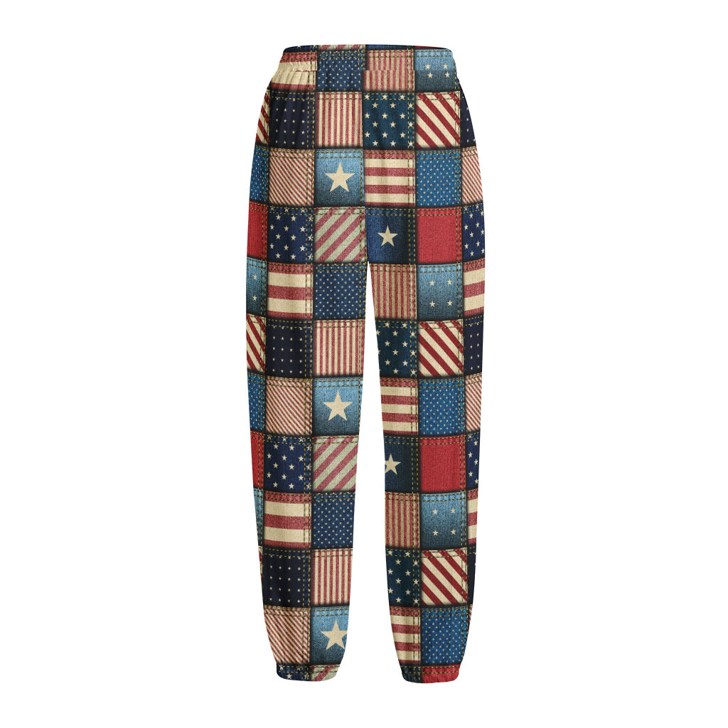 USA Denim Patchwork Pattern Print Fleece Lined Knit Pants