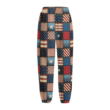 USA Denim Patchwork Pattern Print Fleece Lined Knit Pants