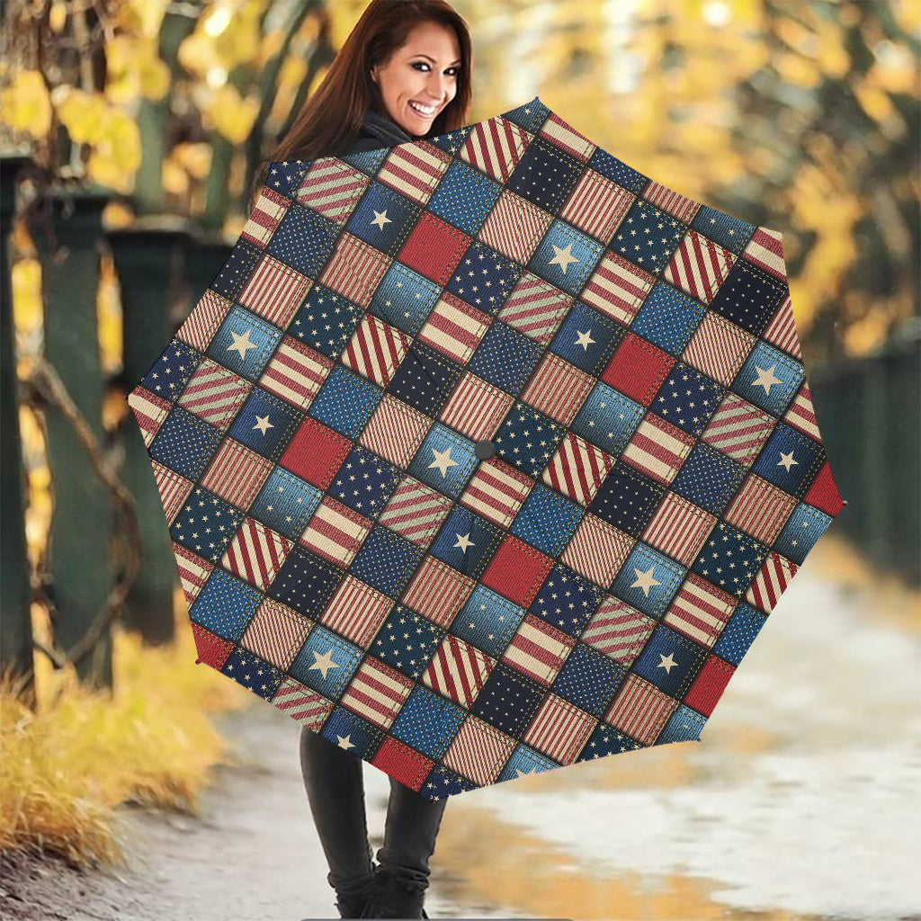 USA Denim Patchwork Pattern Print Foldable Umbrella