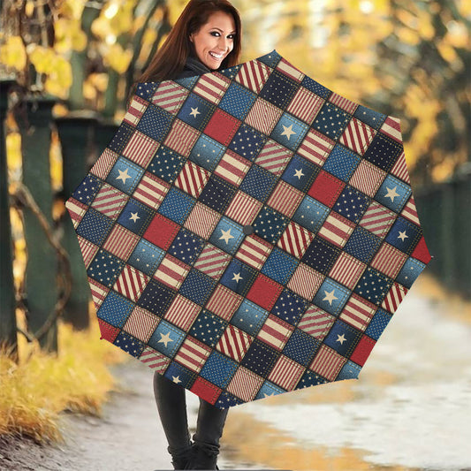 USA Denim Patchwork Pattern Print Foldable Umbrella