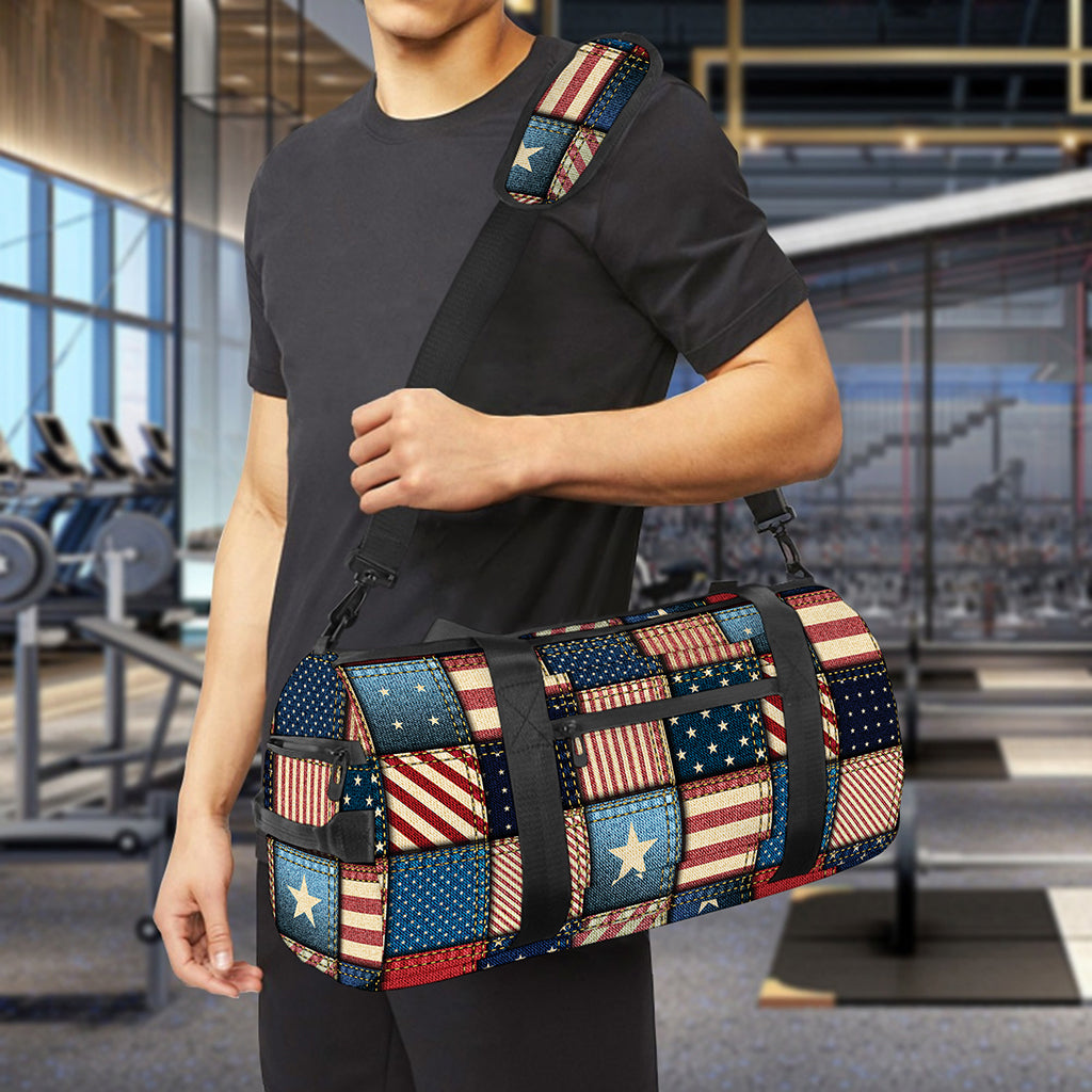 USA Denim Patchwork Pattern Print Gym Bag
