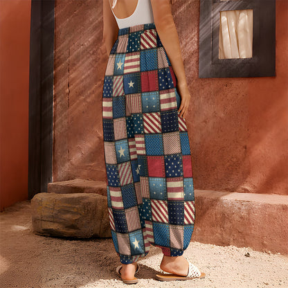 USA Denim Patchwork Pattern Print Harem Pants