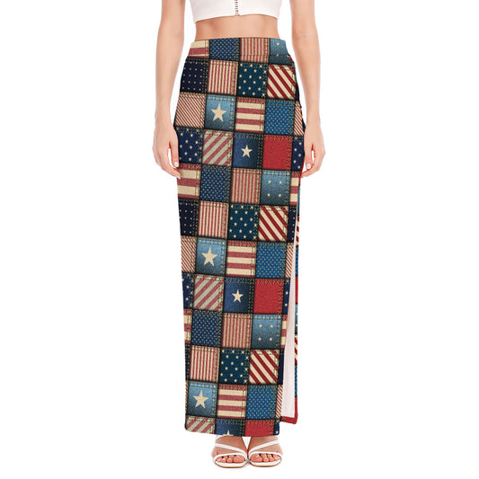 USA Denim Patchwork Pattern Print High Slit Maxi Skirt
