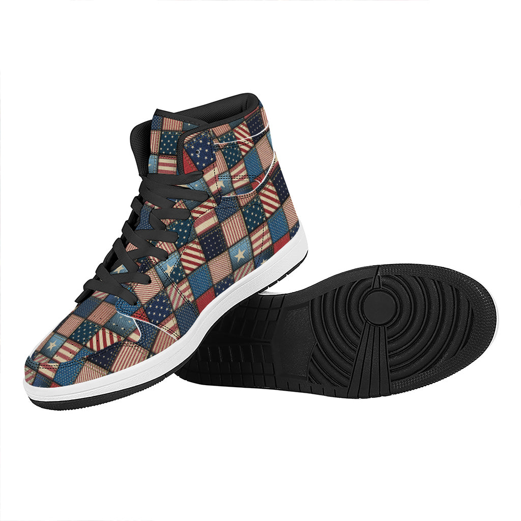 USA Denim Patchwork Pattern Print High Top Leather Sneakers