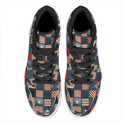 USA Denim Patchwork Pattern Print High Top Leather Sneakers
