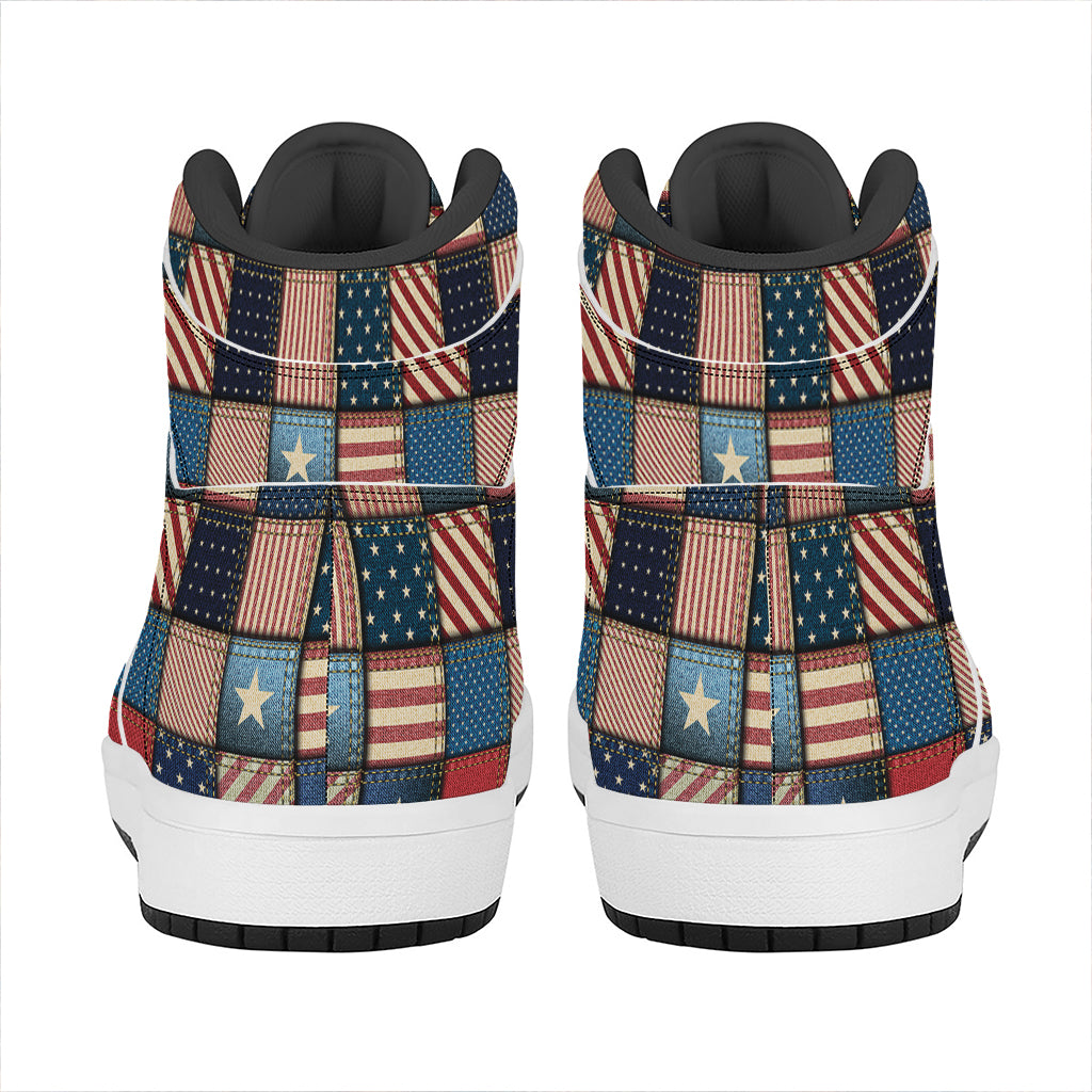 USA Denim Patchwork Pattern Print High Top Leather Sneakers